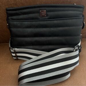 Think Royln Black Quilted Bag with Striped Strap
